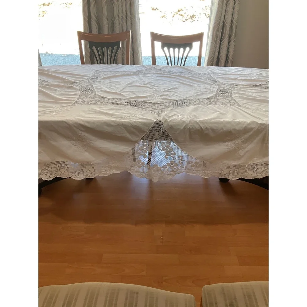 Vintage Tablecloth White Crochet Lace Scalloped Edges Cottagecore Grandma Core